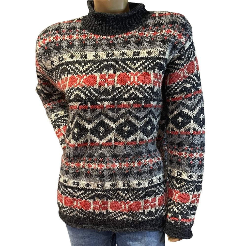 Claudia D. Black Fair Isle Mock Neck Sweater M Vintage 80s Wool Blend Knit
